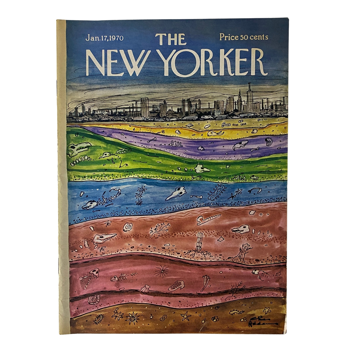 Cover of The New Yorker magazine, January 17, 1970, featuring a colorful illustration depicting various landscapes, designed by Charles Addams. Vintage collectible in good condition.