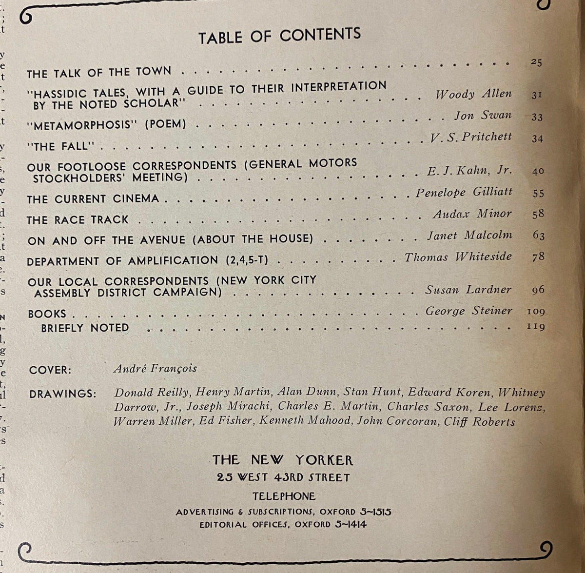 Table of contents from The New Yorker magazine dated June 20, 1970, listing various articles and contributions by notable writers and artists.