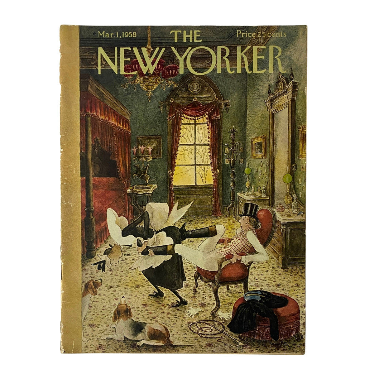 Cover of The New Yorker magazine from March 1, 1958, featuring an illustration by Mary Petty that showcases a humorous scene with elegantly dressed figures and dogs in a lavish interior setting.