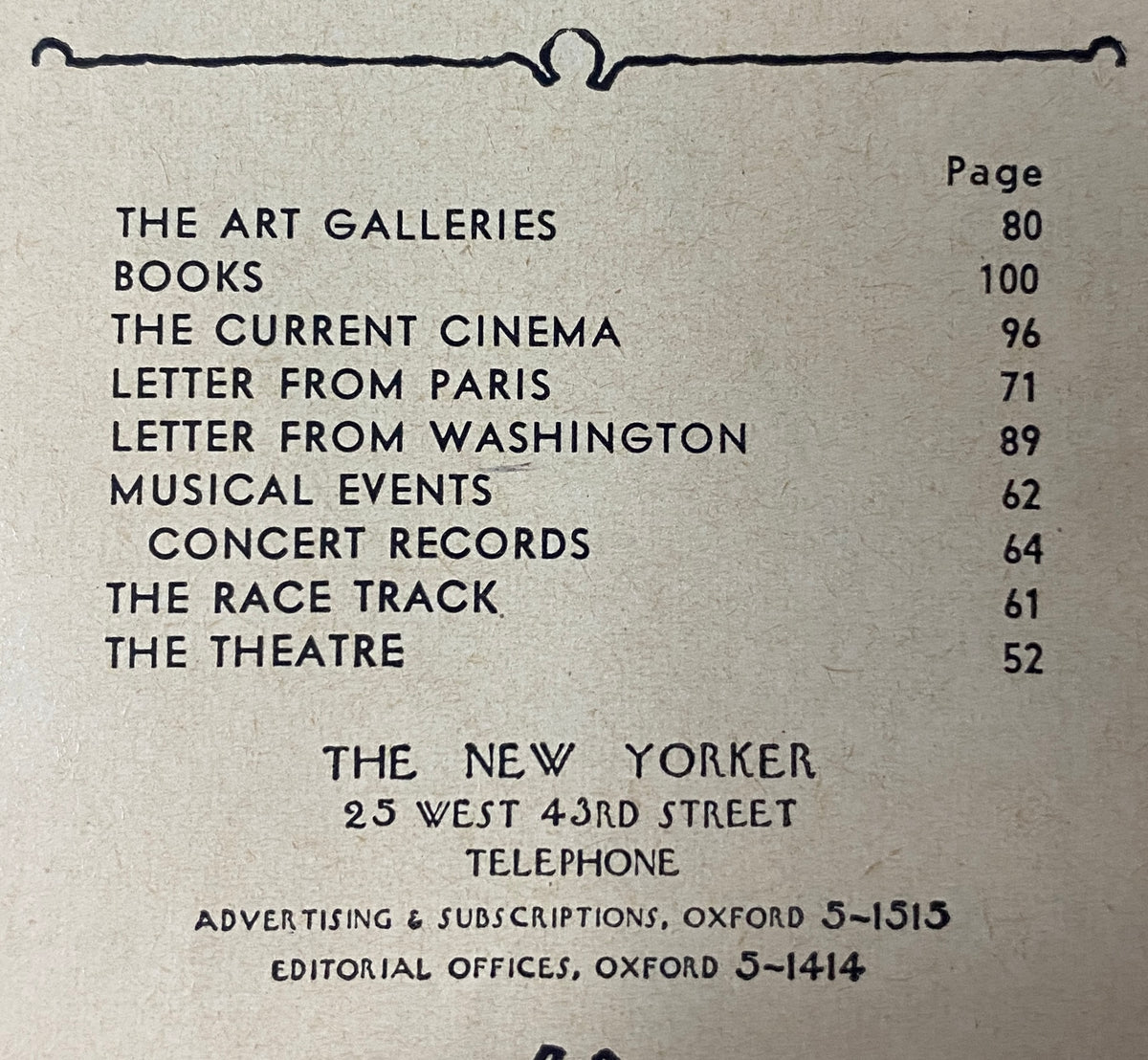 Table of Contents from The New Yorker Full Magazine March 1, 1958, featuring sections like The Art Galleries, Books, and The Current Cinema, emphasizing the magazine's literary and cultural offerings.