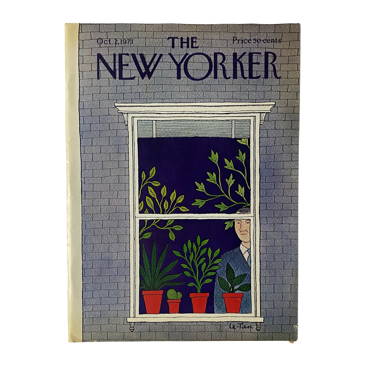 Cover image of The New Yorker magazine from October 2, 1971 featuring artwork by Pierre Le-Tan, displaying a window with plants and a figure observing from inside.