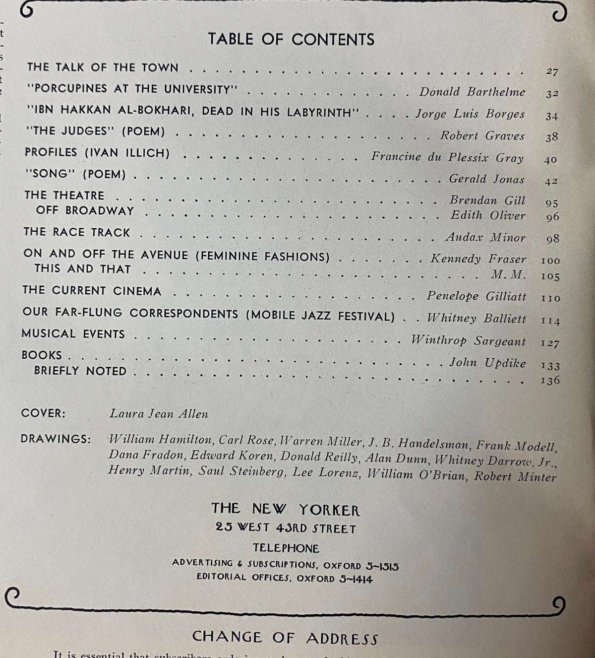 Table of contents page from The New Yorker Full Magazine April 25, 1970, listing notable articles and contributors including Donald Barthelme and Jorge Luis Borges.