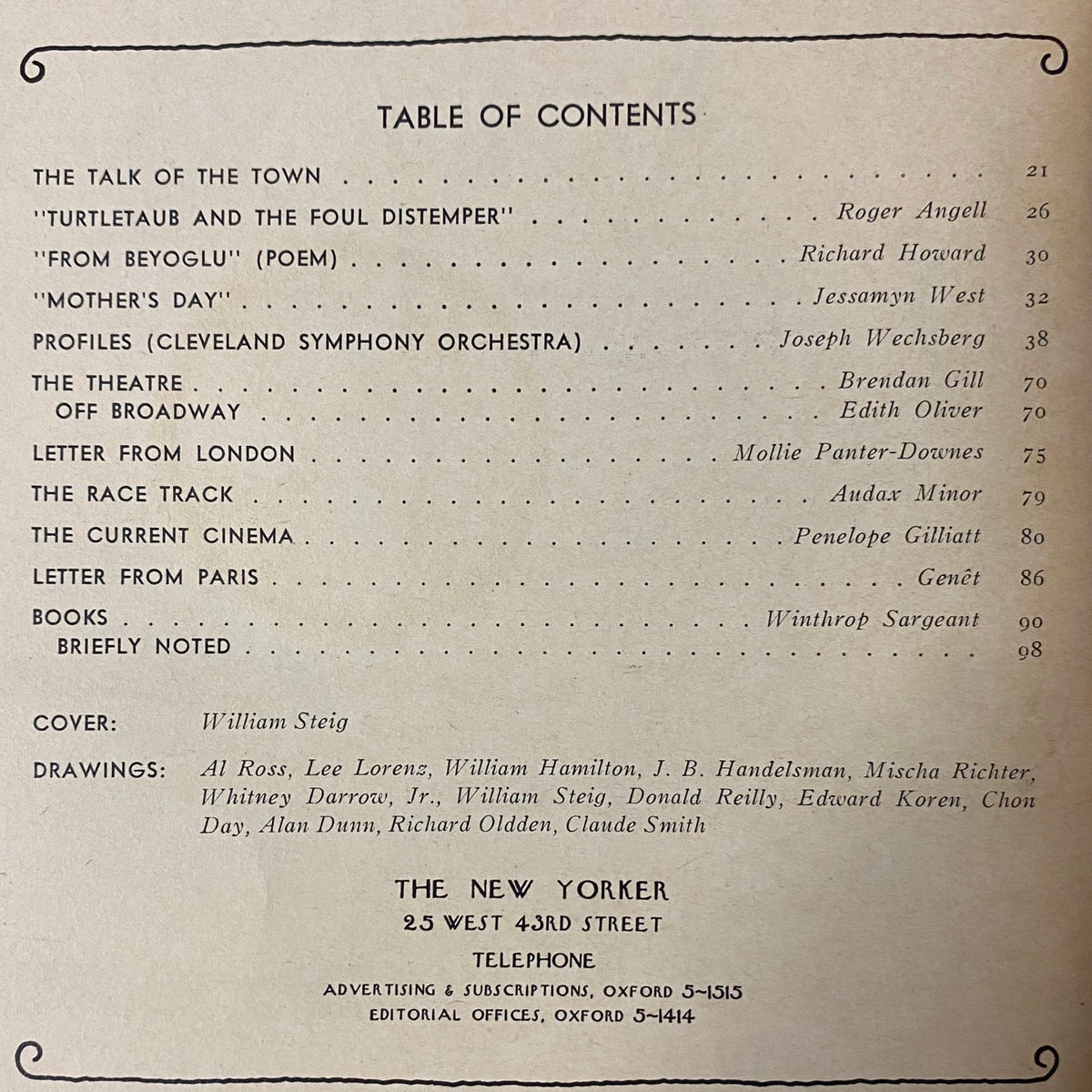 Table of contents from The New Yorker Full Magazine May 30, 1970, listing articles and contributors including Roger Angell and Joseph Wechsberg.