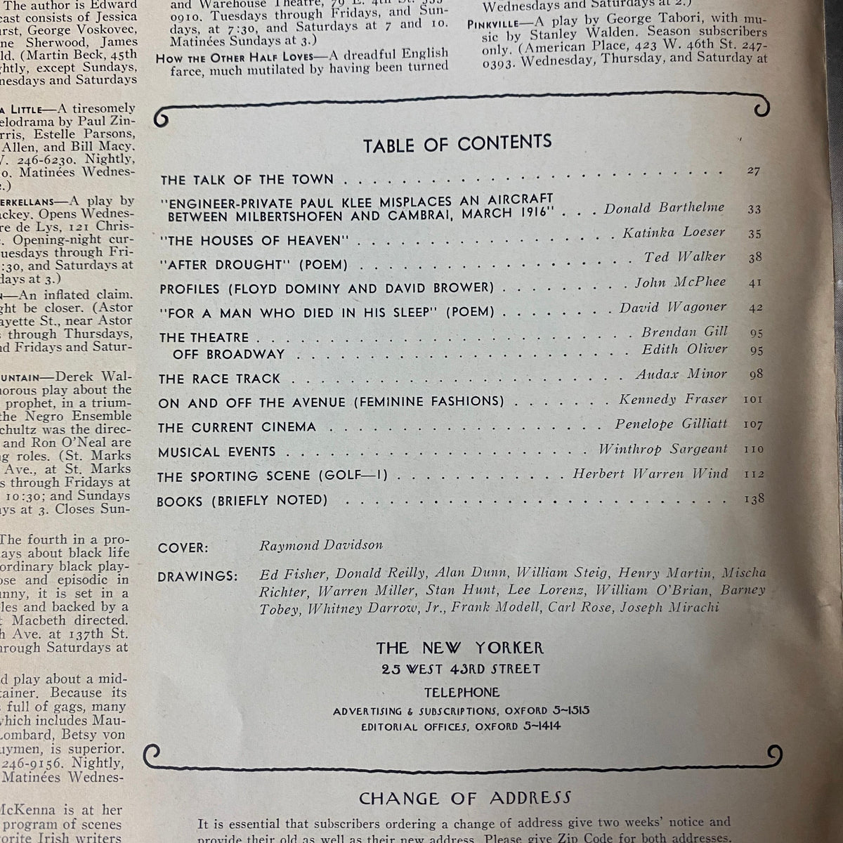Table of Contents of The New Yorker Full Magazine April 3, 1971 featuring works by Donald Barthelme, John McPhee, and Herbert Warren Wind, with a cover illustration by Raymond Davidson.