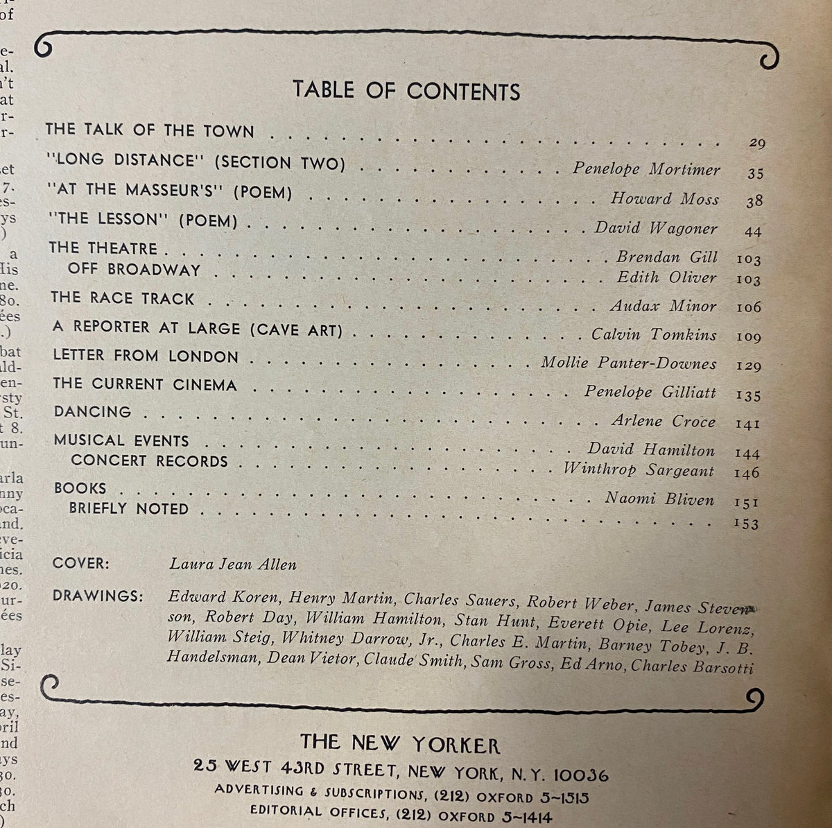 Table of contents from The New Yorker April 22, 1974, listing articles and poetry including Penelope Mortimer’s 'Long Distance' and works by various contributors.