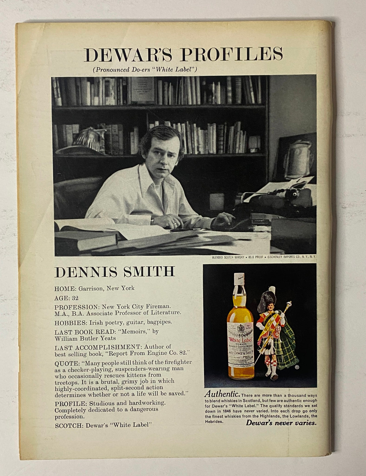 Dewar's Profiles page from The New Yorker April 22, 1974, featuring a portrait and biography of author Dennis Smith alongside an advertisement for Dewar's 'White Label'.