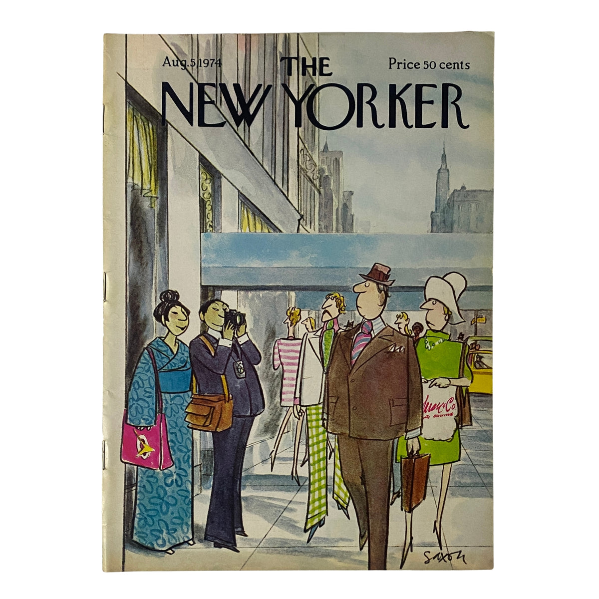 Cover of The New Yorker Full Magazine August 5, 1974 featuring an illustration by Charles Saxon, depicting stylish figures in a city scene.
