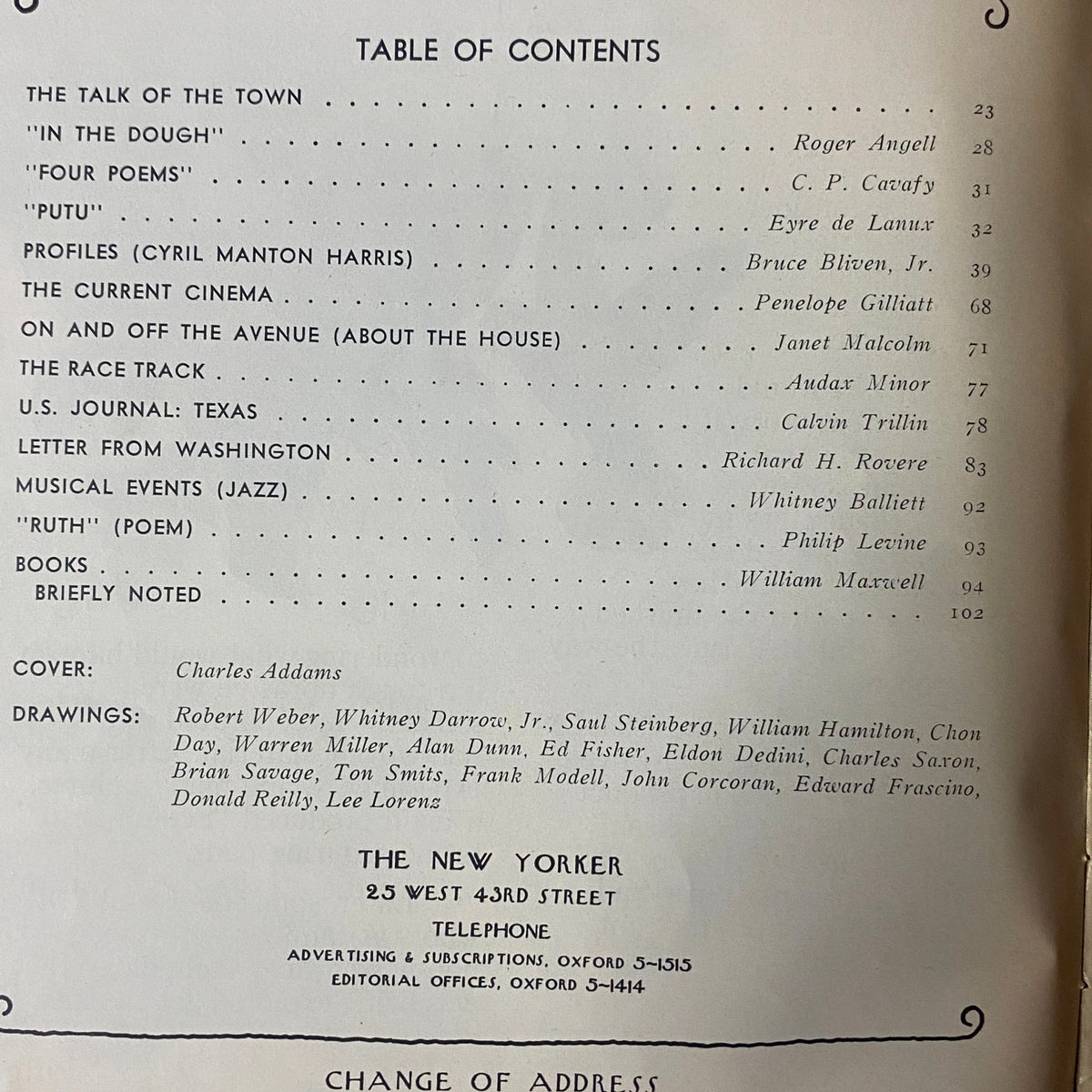 Table of Contents from The New Yorker Full Magazine June 17, 1972, detailing featured articles including 'In the Dough' by Roger Angell and 'Profiles' by Bruce Bliven, Jr., among others.