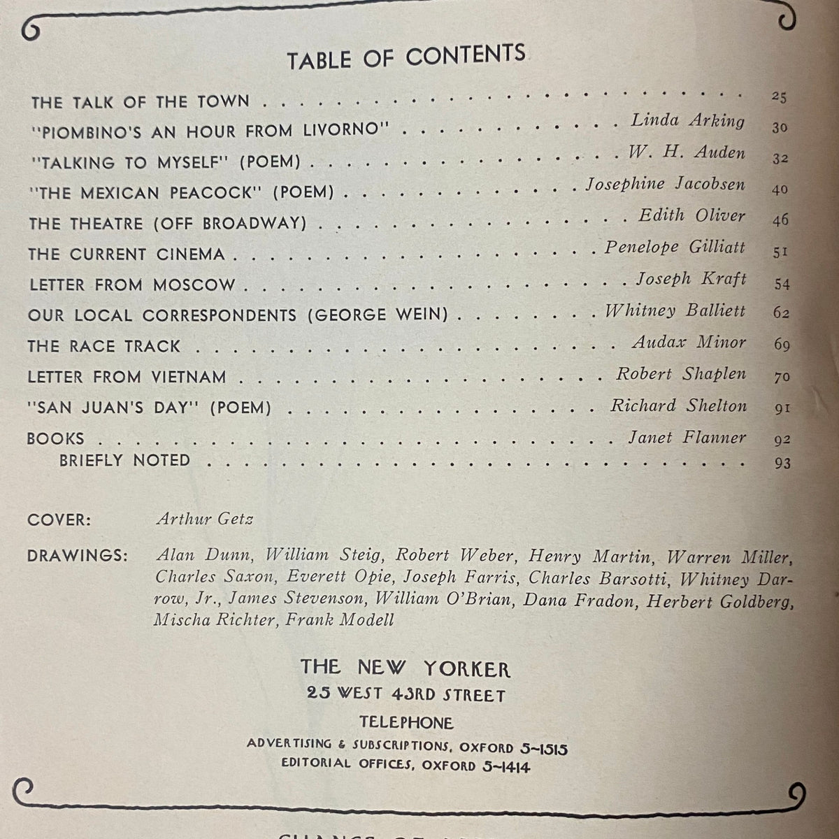Page from The New Yorker Full Magazine June 24, 1972 featuring the Table of Contents, showcasing contributions from W. H. Auden and Joseph Kraft alongside illustrations by Arthur Getz and others.