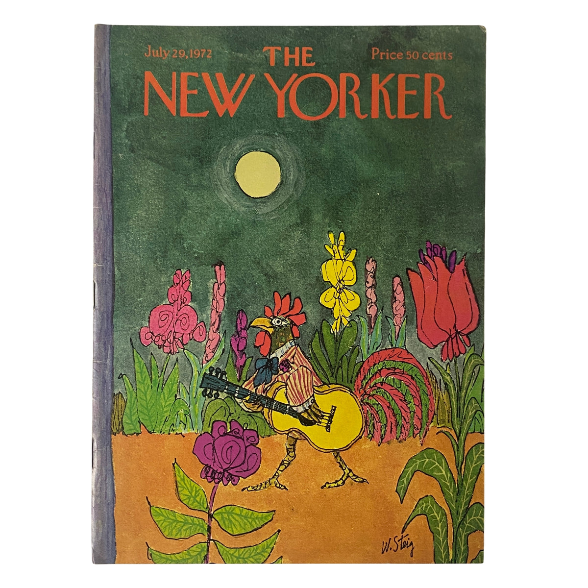 Cover of The New Yorker Full Magazine July 29, 1972 featuring a whimsical illustration by William Steig, with a rooster playing guitar amidst colorful flowers.