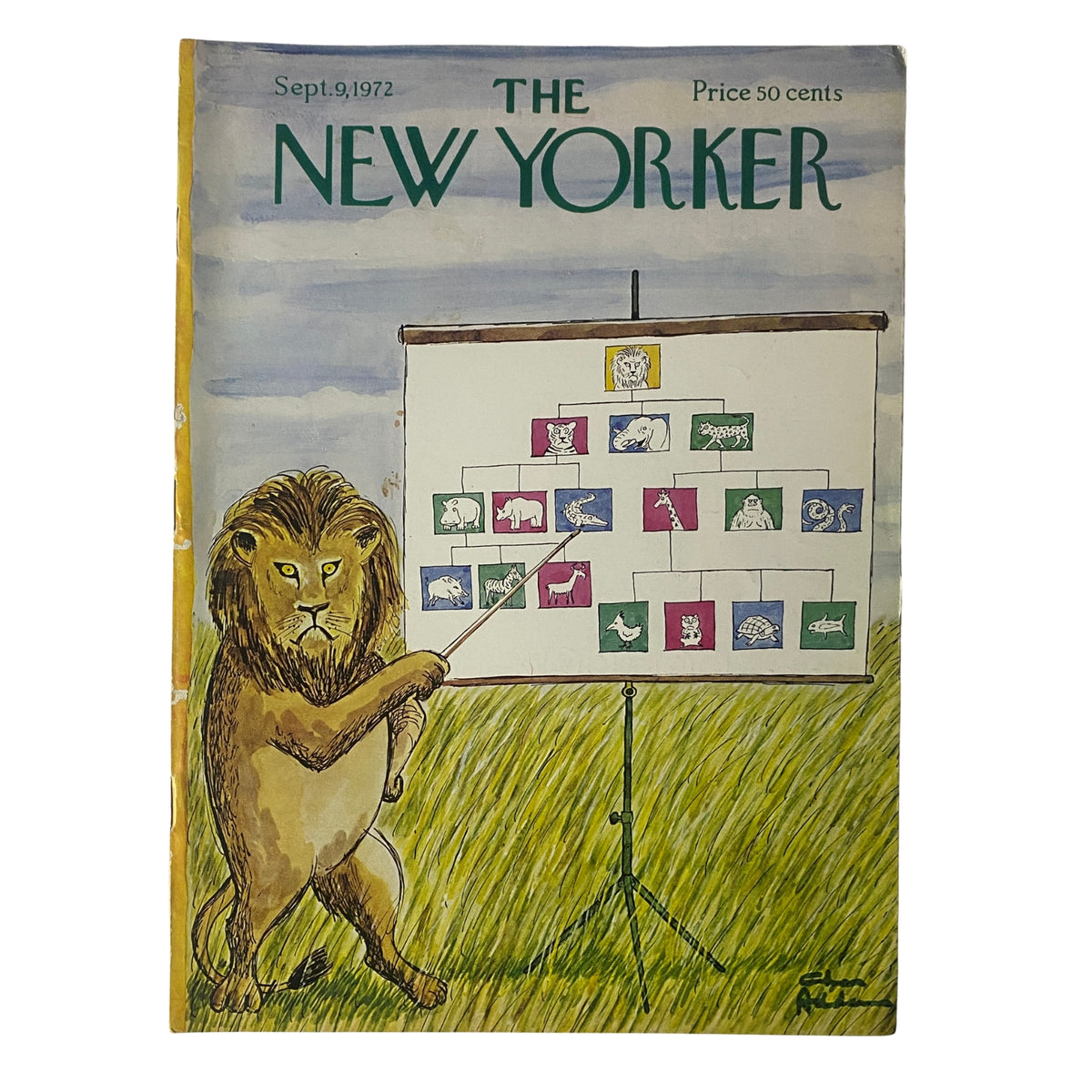 Cover of The New Yorker Full Magazine September 9, 1972 featuring a whimsical illustration by Charles Addams, depicting a lion presenting a chart with various animals.