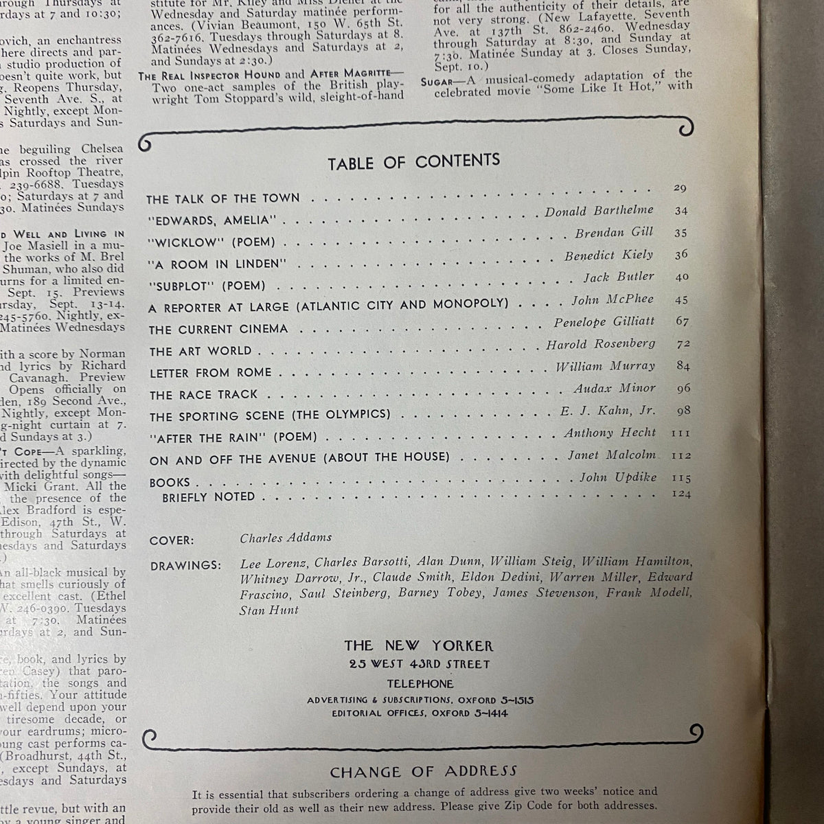 Table of contents page from The New Yorker Full Magazine September 9, 1972, detailing articles and illustrations by various contributors including Louis Lorenz and Charles Addams.
