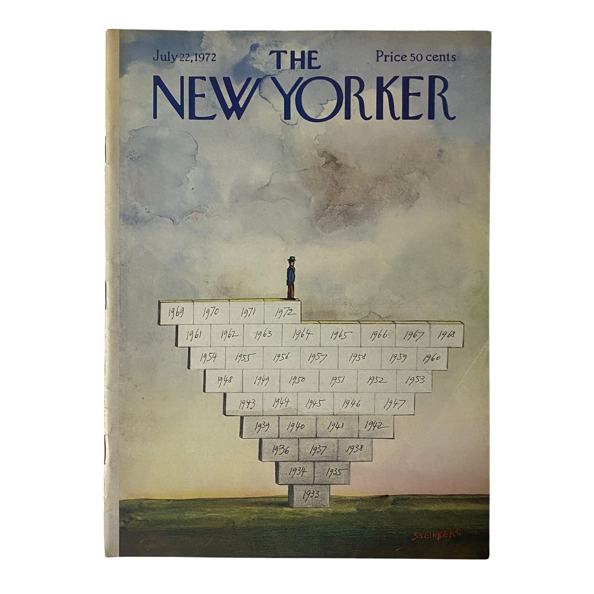 Cover of The New Yorker magazine from July 22, 1972 featuring an iconic illustration by Saul Steinberg, depicting a surrealist staircase charting years.