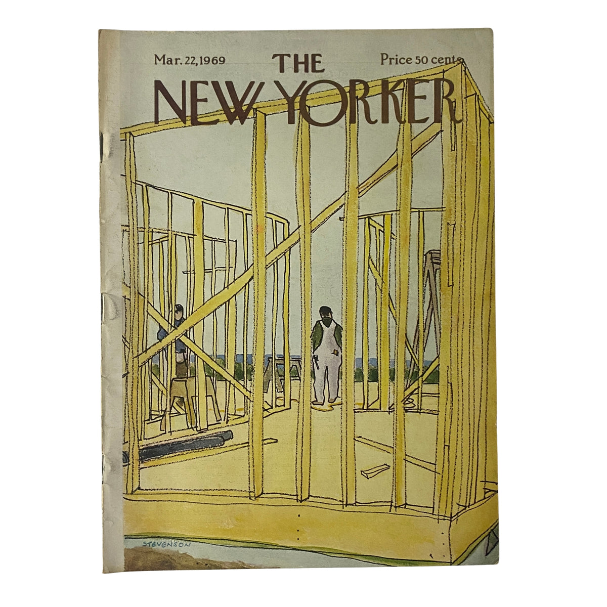 Cover of The New Yorker magazine, March 22, 1969, featuring artwork by James Stevenson depicting a construction scene with workers.