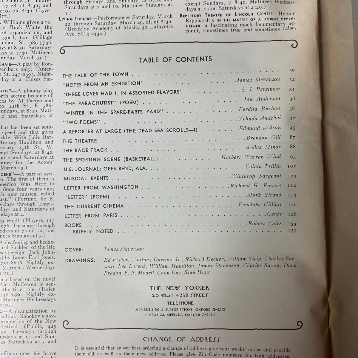 Table of contents from The New Yorker magazine, March 22, 1969, listing articles and authors including James Stevenson and S. J. Perelman.