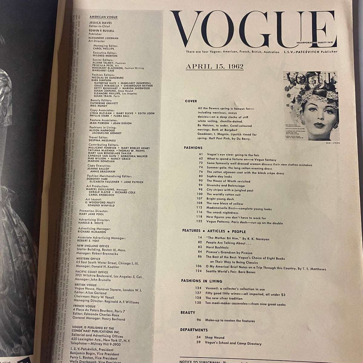 Table of contents from Vogue Magazine April 15, 1962, detailing articles and features including contributions from R.K. Narayan and T.S. Matthews.