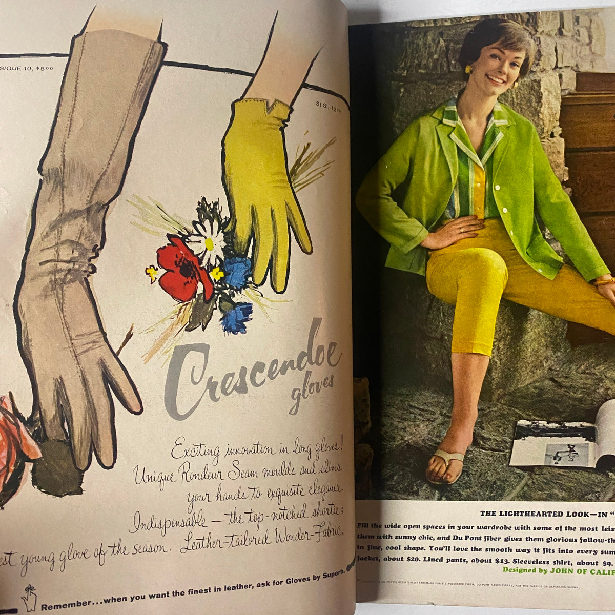 Fashion spread from Vogue Magazine April 15, 1962 presenting unique Crescendo gloves and vibrant clothing styles from the 1960s.
