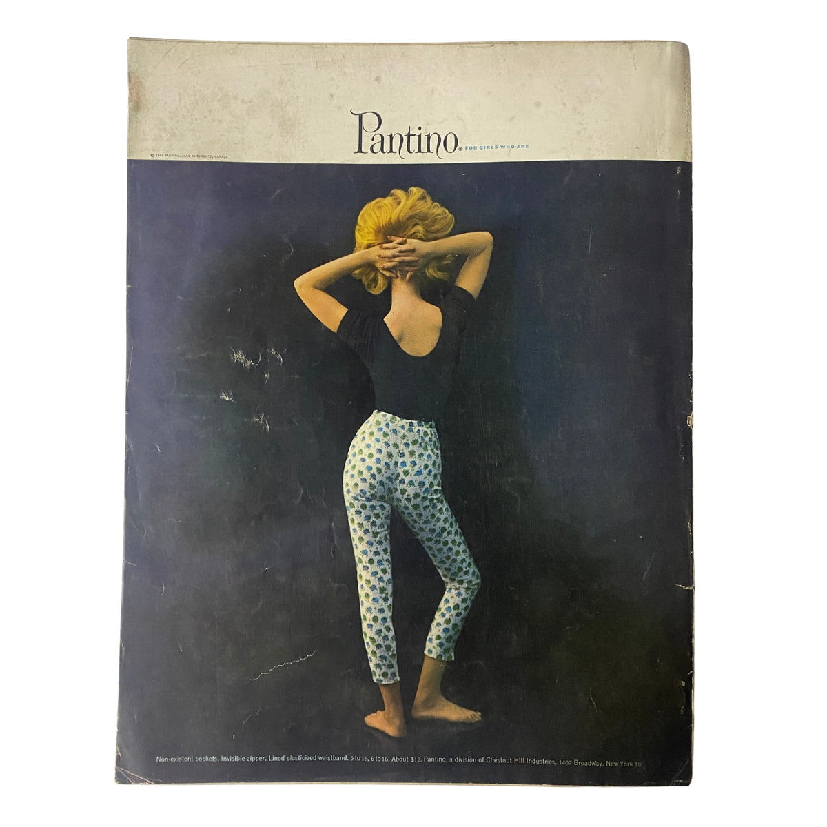 Back cover of a vintage fashion magazine with a striking model pose, part of Vogue Magazine April 15, 1962 Dorothy McGowan by Bert Stern.