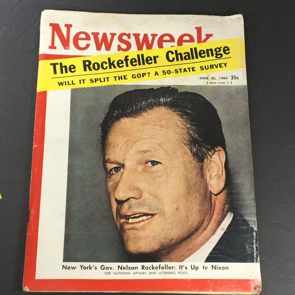 VTG Newsweek Magazine June 20 1960 featuring Governor Nelson Rockefeller on the cover with a close-up of his face, emphasizing the magazine's historical significance.