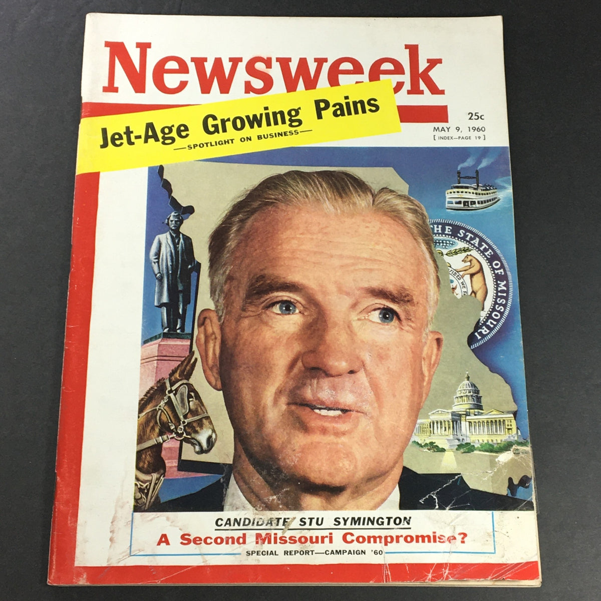 VTG Newsweek Magazine May 9 1960 featuring presidential candidate Stu Symington on the cover with a colorful illustration and text.