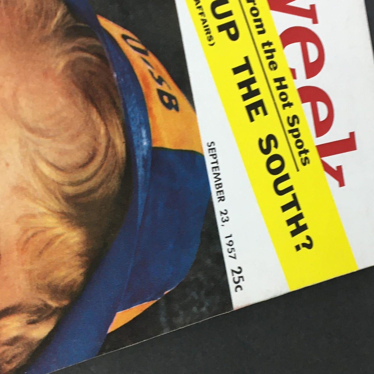 Close-up of the VTG Newsweek Magazine September 23 1957 cover showing a young woman's hairstyle and part of the headline discussing events in the South.