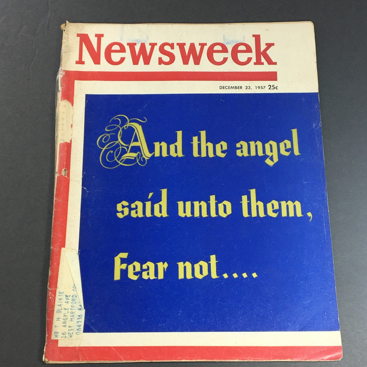 Cover of VTG Newsweek Magazine December 23, 1957 featuring the Bible verse Luke 2:10-11, with the message 'Fear Not' in bold typography.