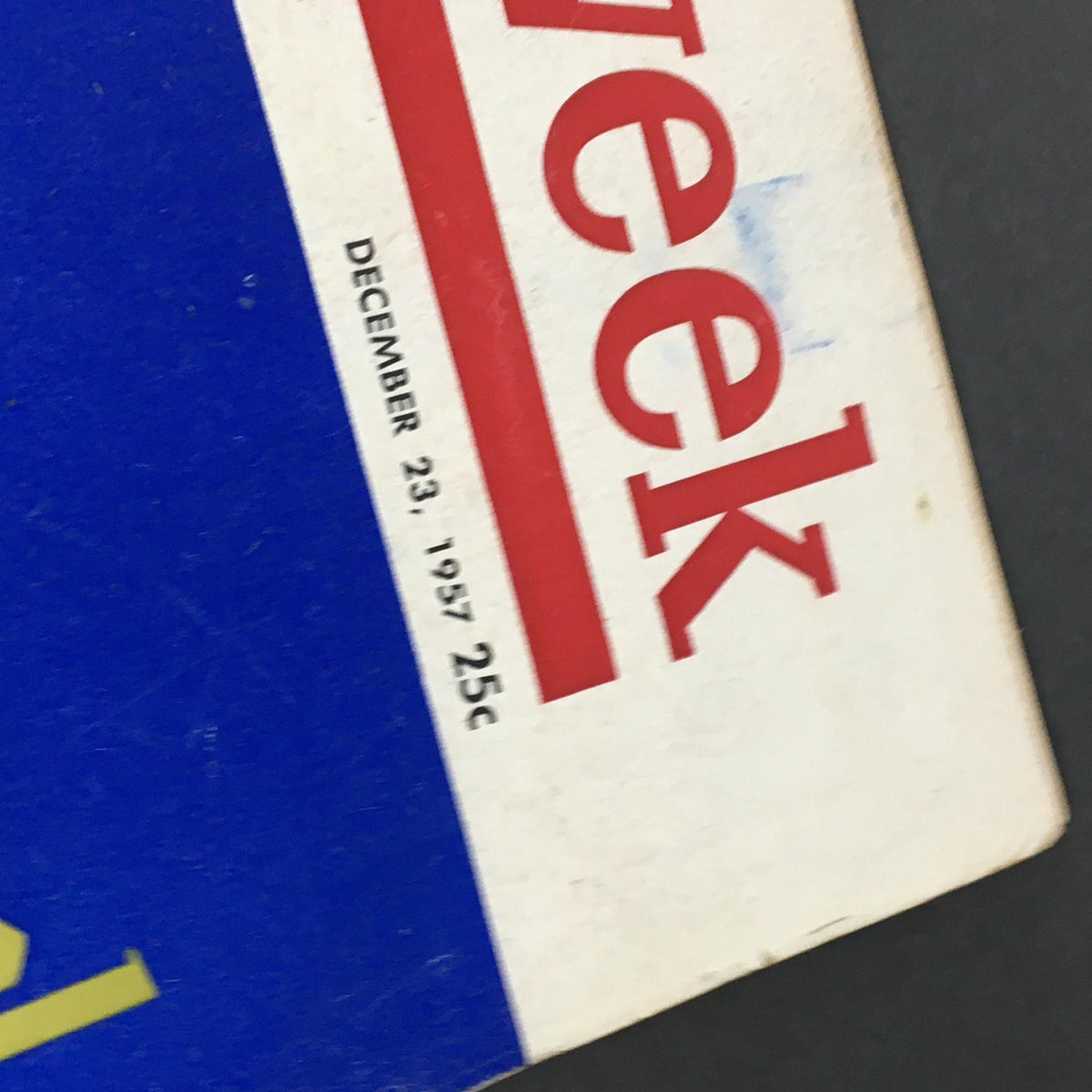 Detail shot of VTG Newsweek Magazine December 23, 1957 showing the date and price, highlighting its vintage publication status.