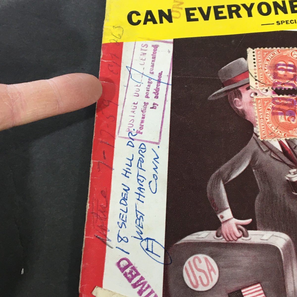 Close-up of VTG Newsweek Magazine July 20 1959 showing the address label and handwritten notes on the cover.