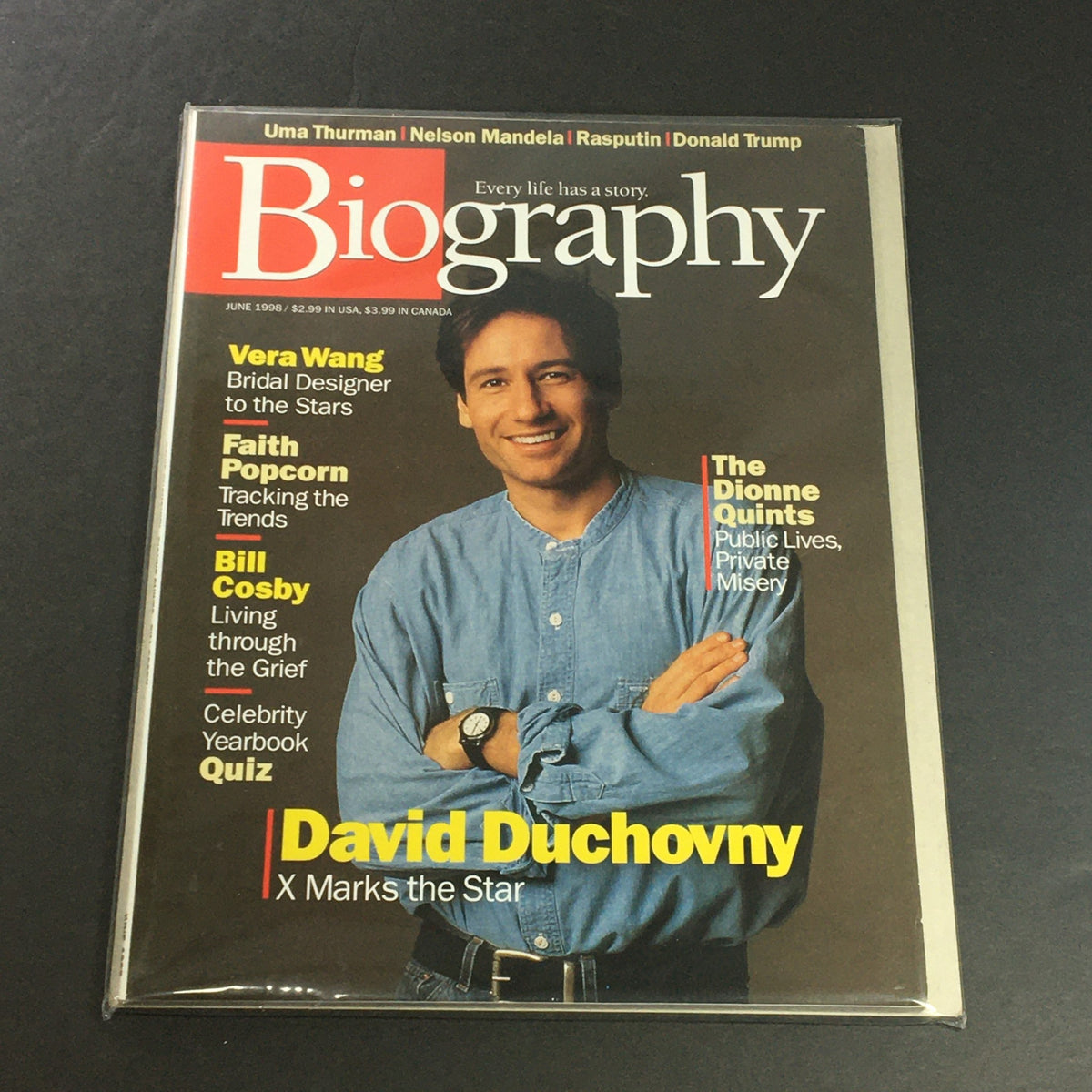 Biography Magazine June 1998 featuring David Duchovny on the cover, highlighting his prominence as an actor alongside mentions of Uma Thurman and Donald Trump.
