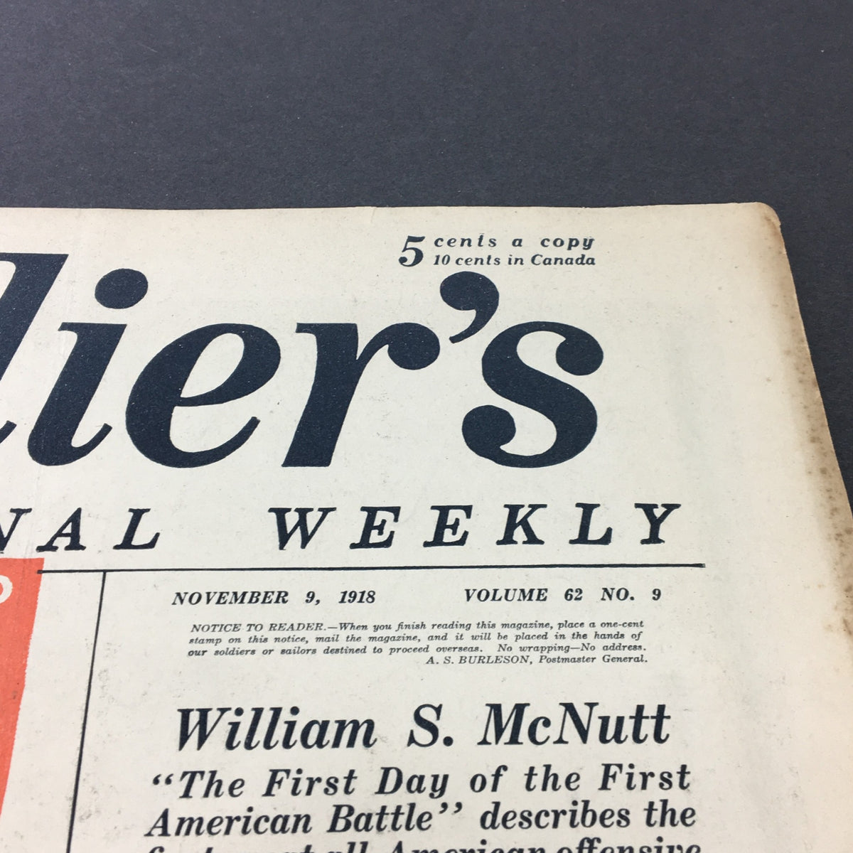 Close-up of the title and publication details of VTG Collier's Magazine November 9, 1918, showcasing the issue's volume and author William S. McNutt.
