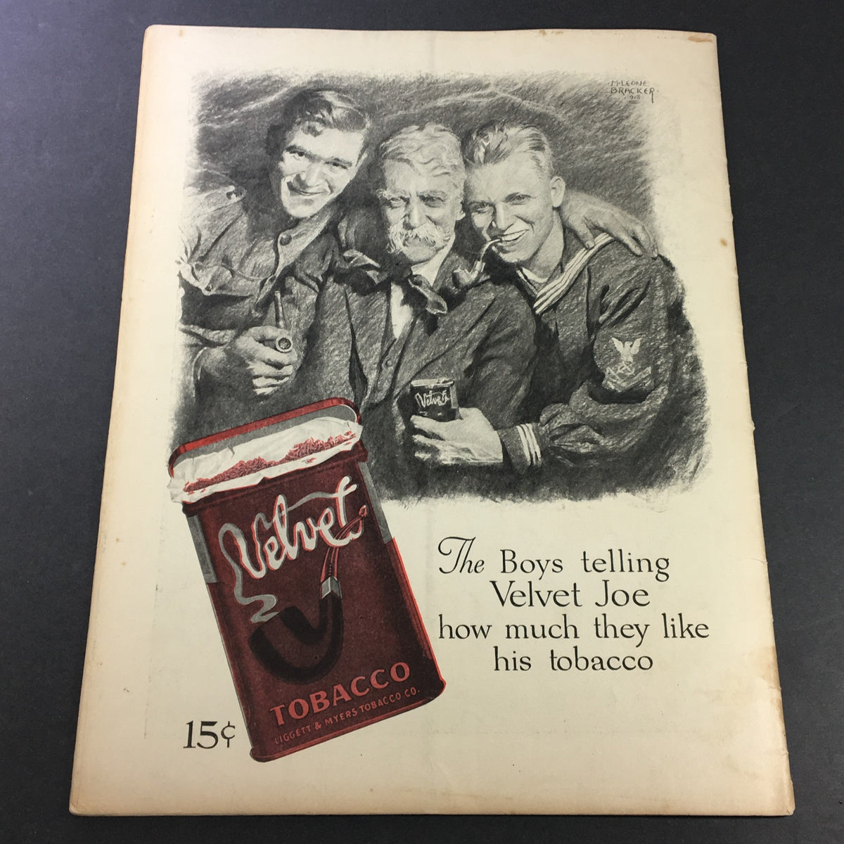 Cover page of VTG Collier's Magazine November 9, 1918 showing an illustration of three men promoting Velvet Tobacco.