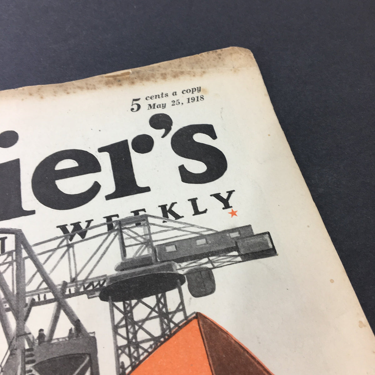 Close-up view of the top corner of VTG Collier's Magazine May 25 1918 showing the issue date and price.
