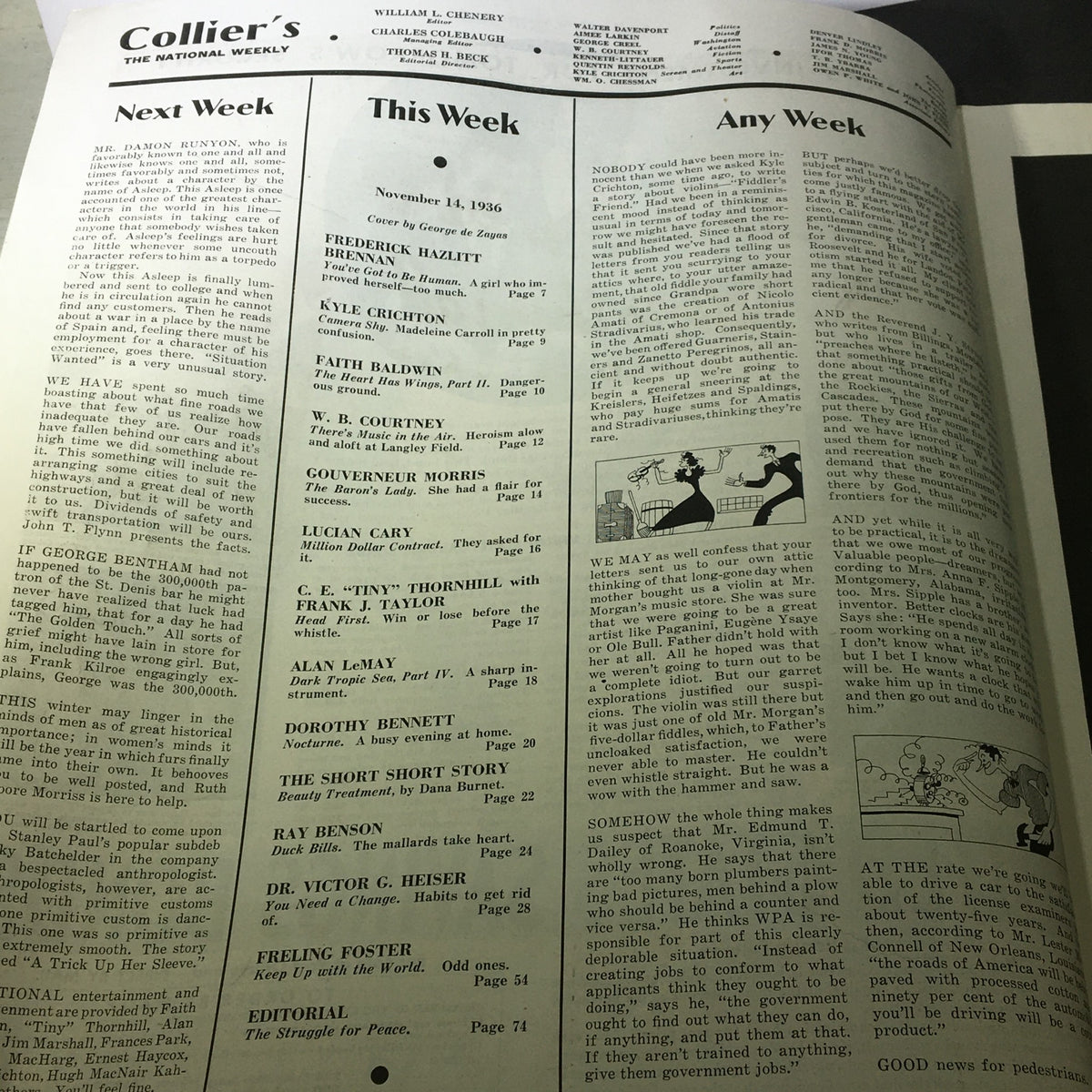 Inside page of VTG Collier's Magazine November 14 1936 showcasing the table of contents and featured articles.