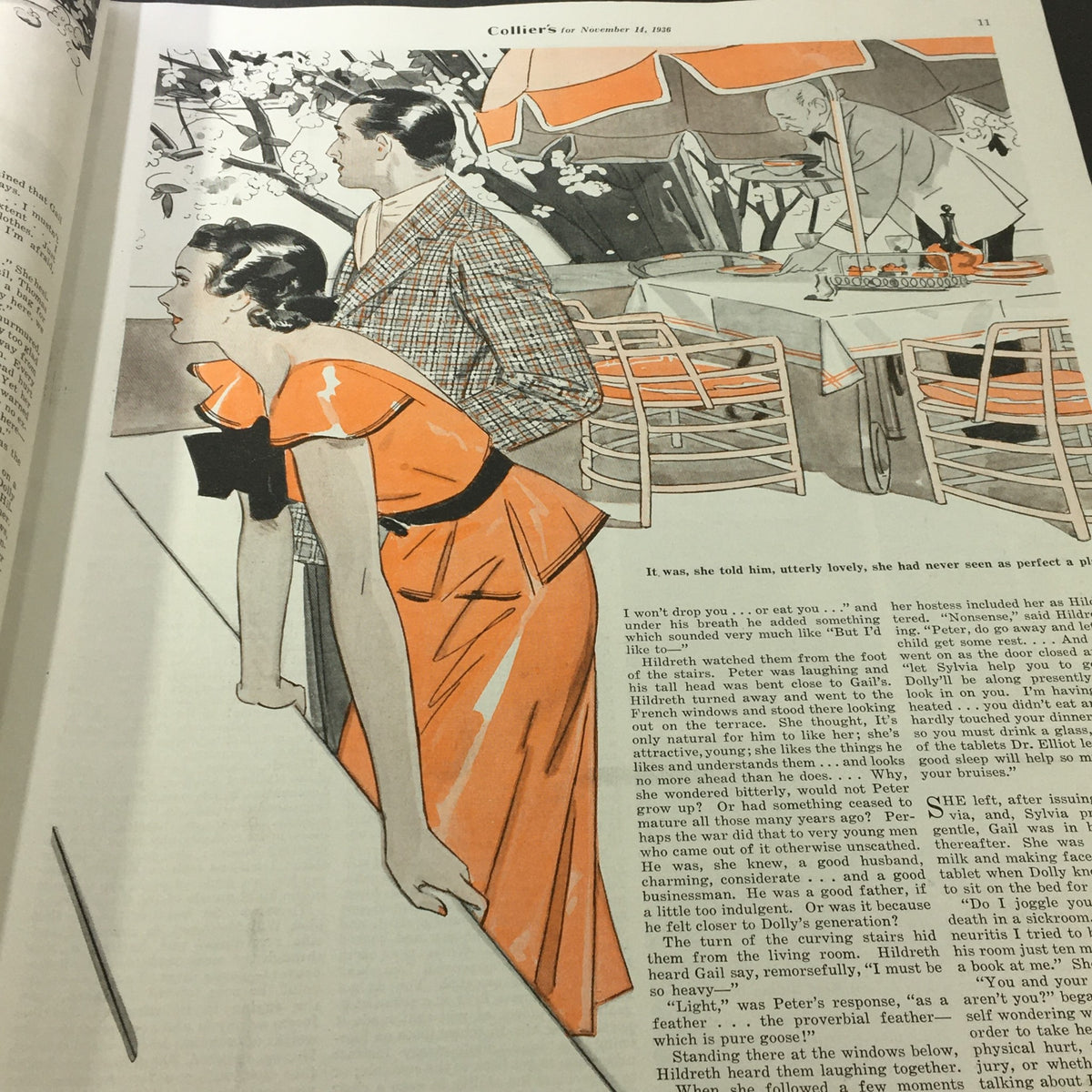 Illustration accompanying the article 'The Heart Has Wings' in VTG Collier's Magazine November 14 1936, depicting elegant 1930s fashion and social settings.
