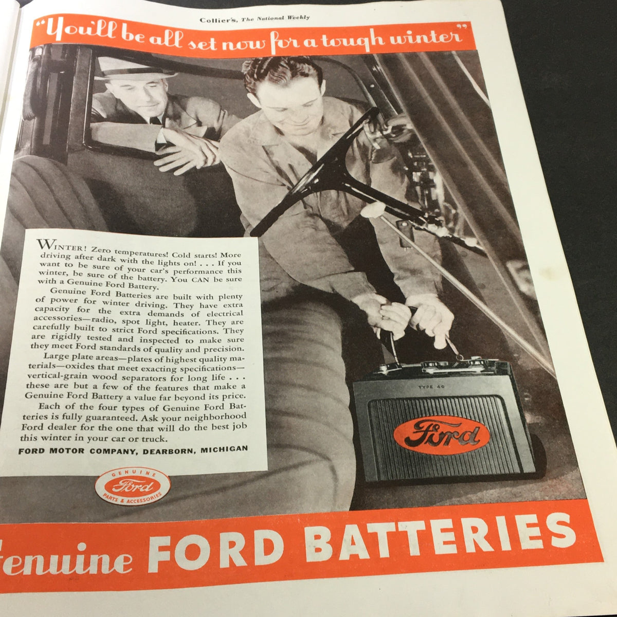 Ford Batteries advertisement from VTG Collier's Magazine November 14 1936, emphasizing reliability for winter driving situations.