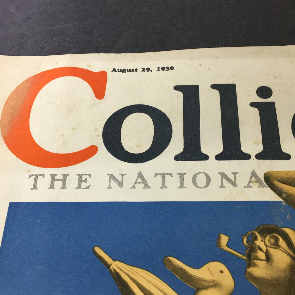 Close-up of the header of VTG Collier's Magazine August 29, 1936 showcasing the magazine title and publication date.
