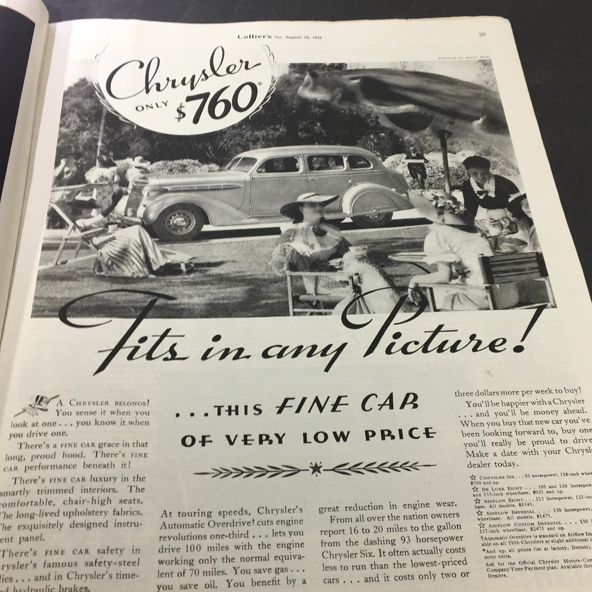 Advertisement page from VTG Collier's Magazine August 29, 1936 promoting Chrysler vehicles with a vintage image.