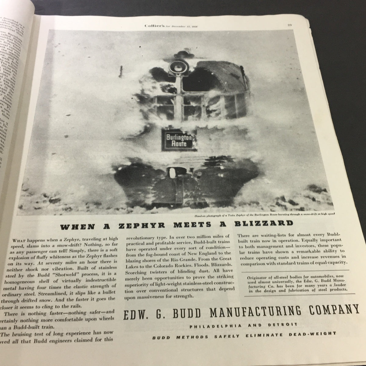 Visual representation from VTG Collier's Magazine December 12 1936 with an advertisement featuring a train in a snowstorm, emphasizing classic transportation innovations of the time.