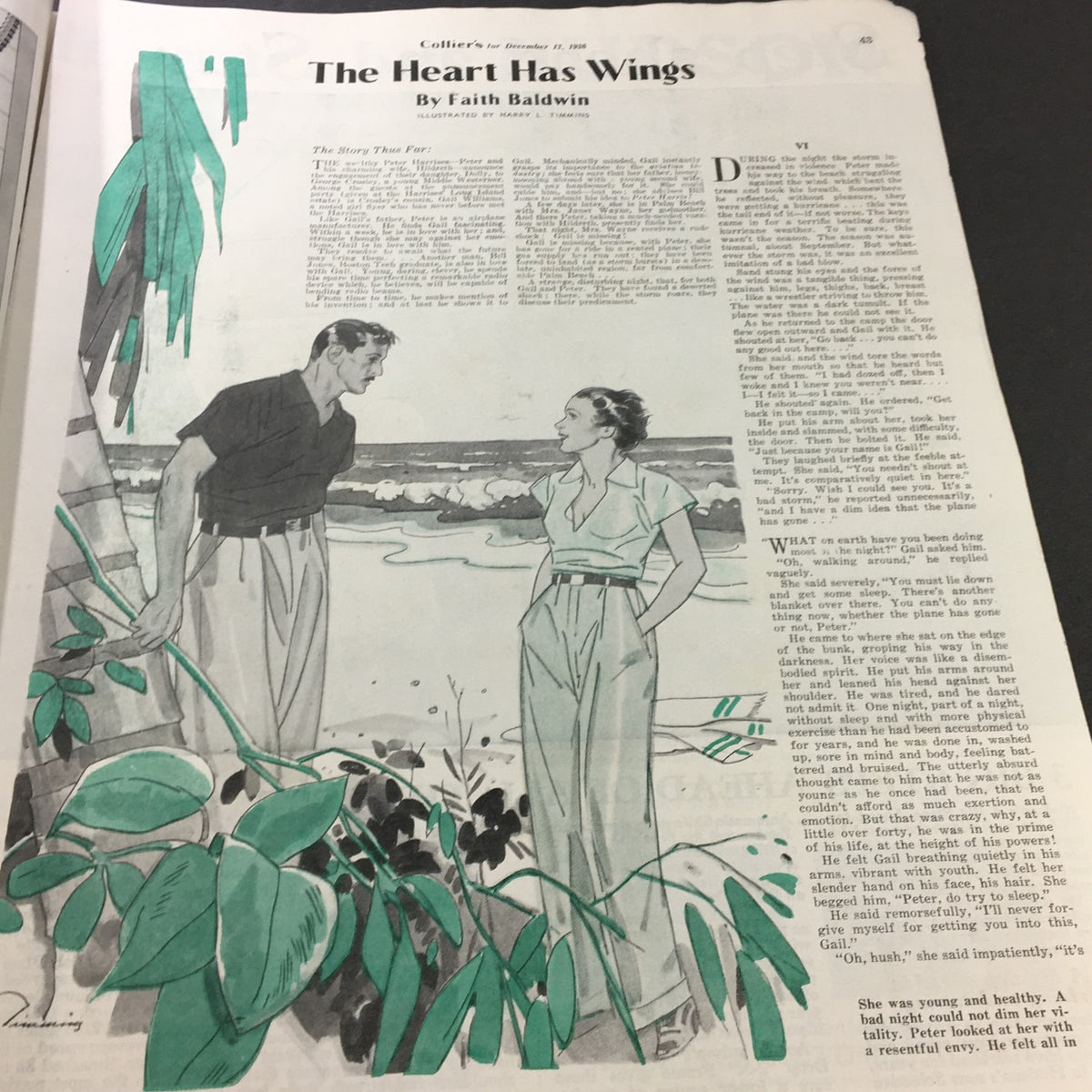 Illustration from VTG Collier's Magazine December 12 1936 accompanying the story 'The Heart Has Wings' by Faith Baldwin, depicting a scenic beach conversation between two characters.