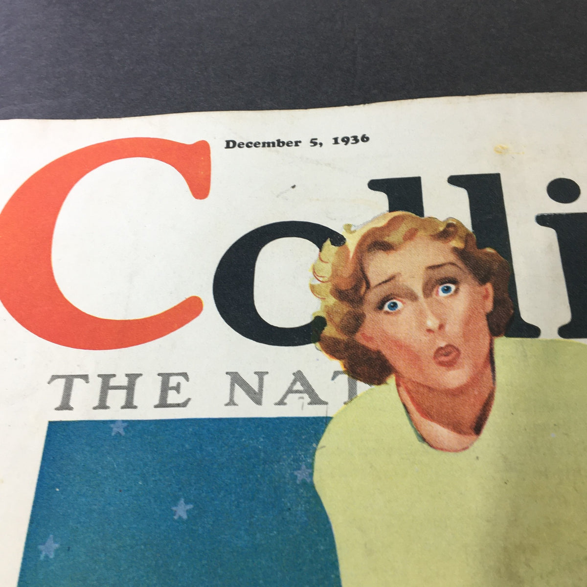 Close-up of the VTG Collier's Magazine December 5, 1936 cover showing the date and artwork with a surprised woman.
