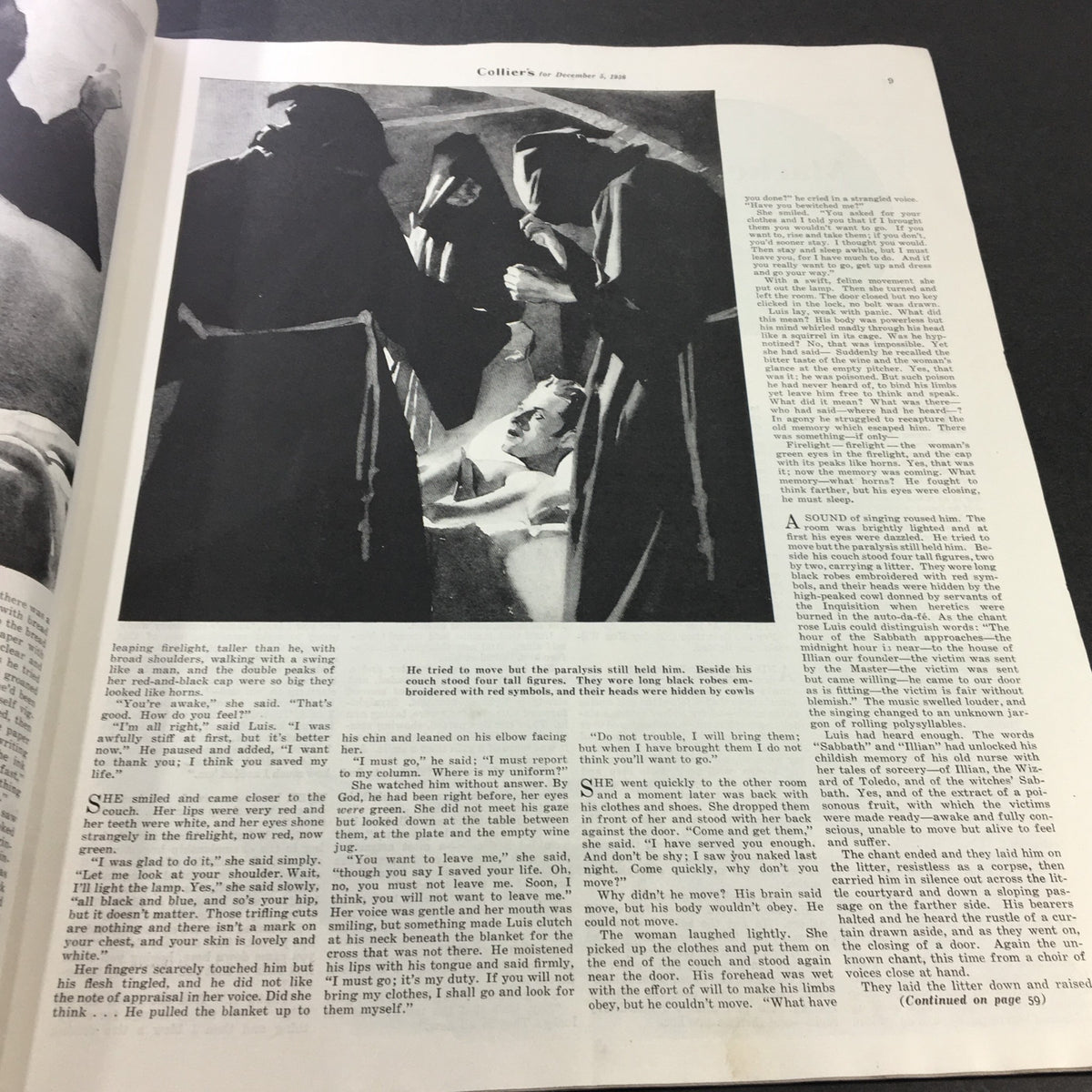Inside page of the VTG Collier's Magazine December 5, 1936 displaying an excerpt from the 'Witch of the Alcazar' story with accompanying illustrations.