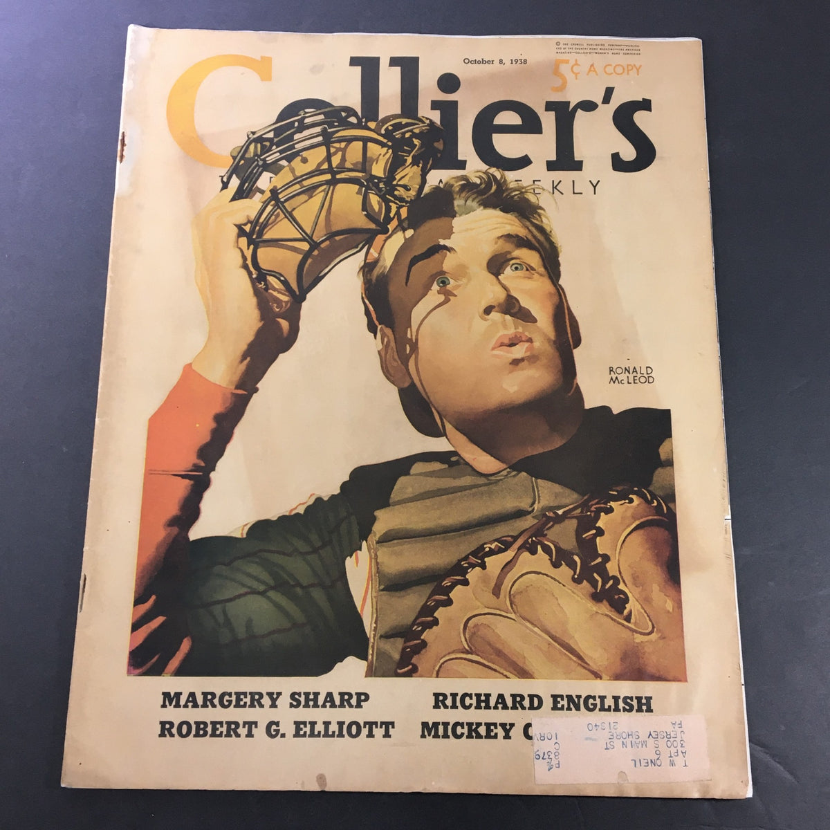 Cover of VTG Collier's Magazine from October 8, 1938, featuring artwork by Ronald McLeod with baseball themes, showcasing authors Margery Sharp, Robert G. Elliott, and Richard English.