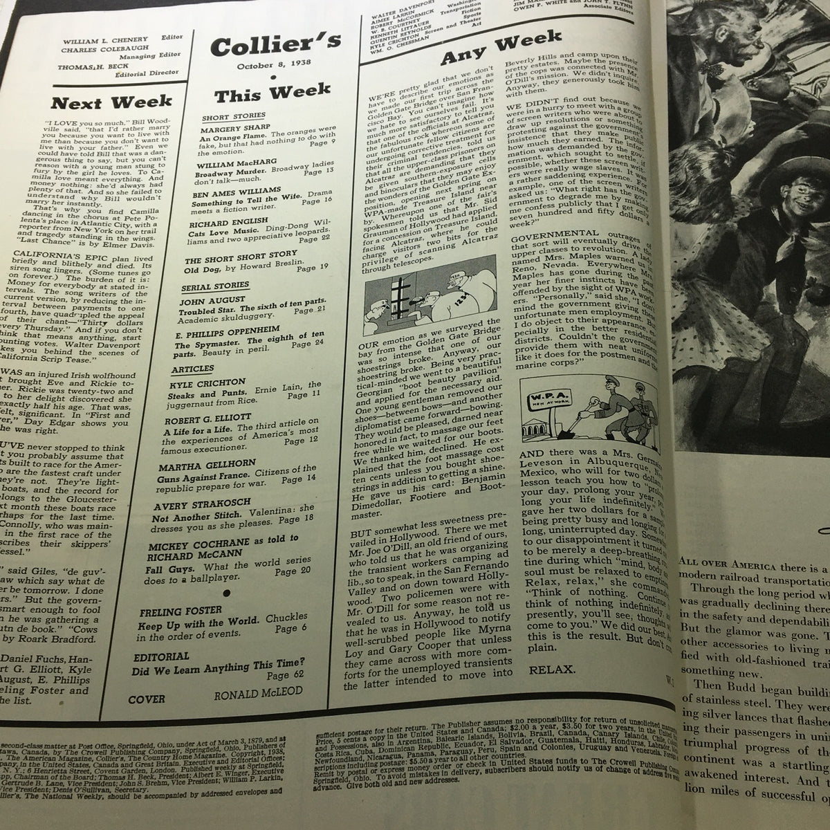 Interior page of VTG Collier's Magazine, October 8, 1938, displaying articles and author contributions from that issue.