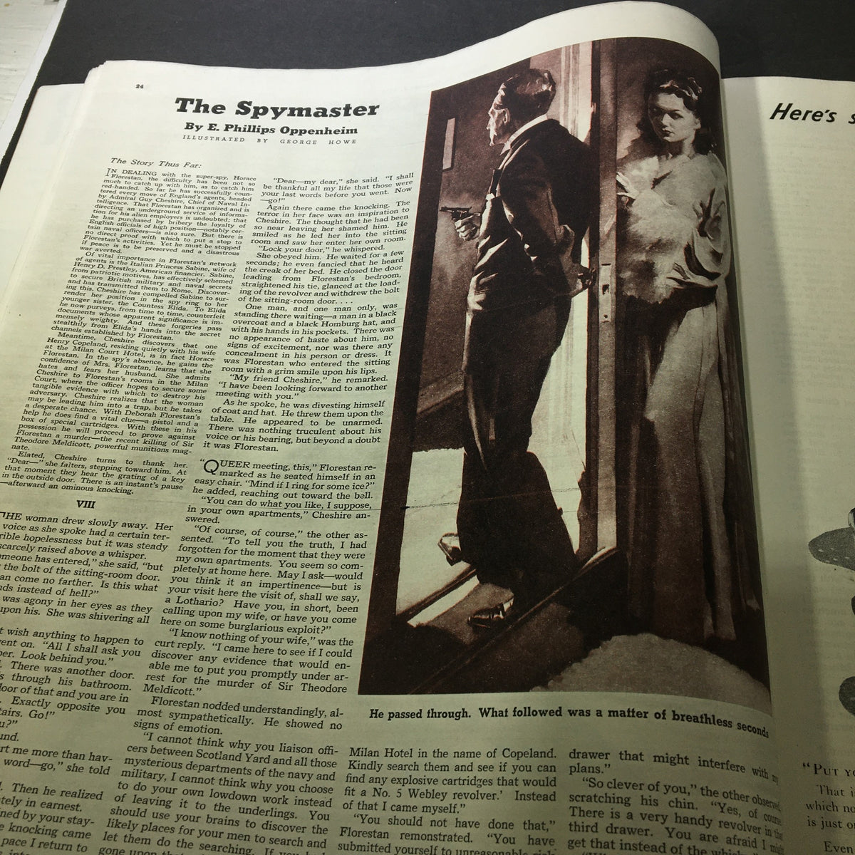 Story page from VTG Collier's Magazine, October 8, 1938, featuring an excerpt from E. Phillips Oppenheim's tale 'The Spymaster'.