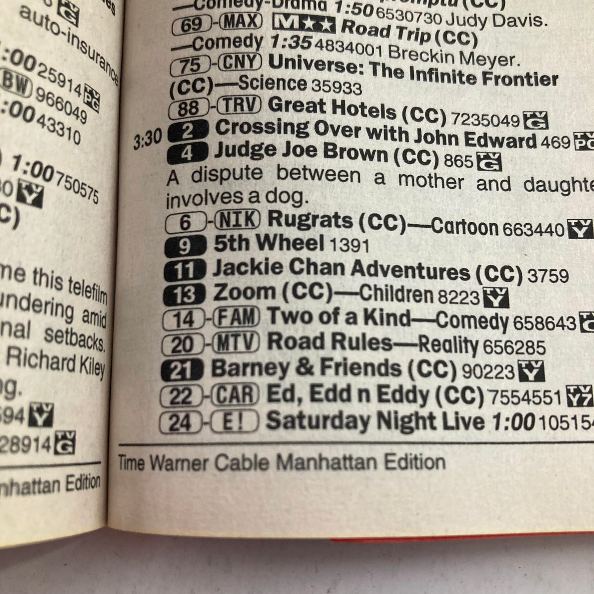 Inside page of TV Guide Magazine August 17, 2002, displaying program listings and descriptions for Time Warner Cable Manhattan Edition.
