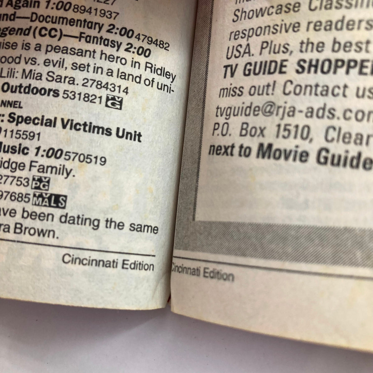 Inside view of the TV Guide Magazine January 1 2000, Cincinnati Edition, displaying printed content and advertisements relevant to the issue. This page reflects the magazine's layout during the early 2000s.