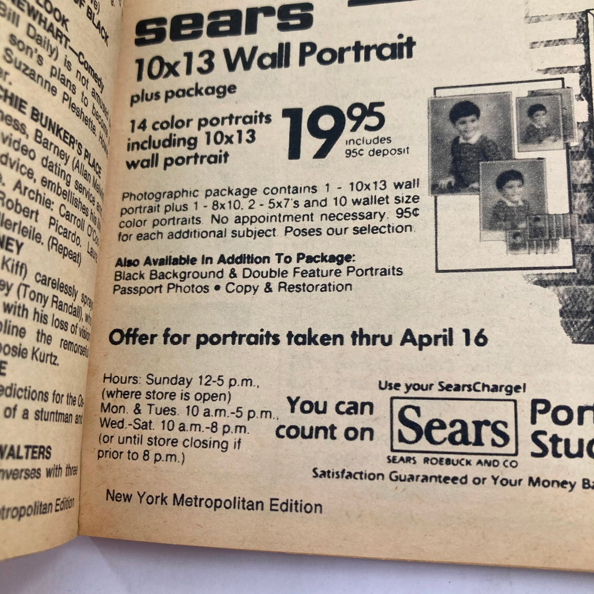 Inside page of the TV Guide Magazine from April 9, 1983, displaying a Sears advertisement for portrait packages, highlighting photography services available in the New York Metropolitan Edition.