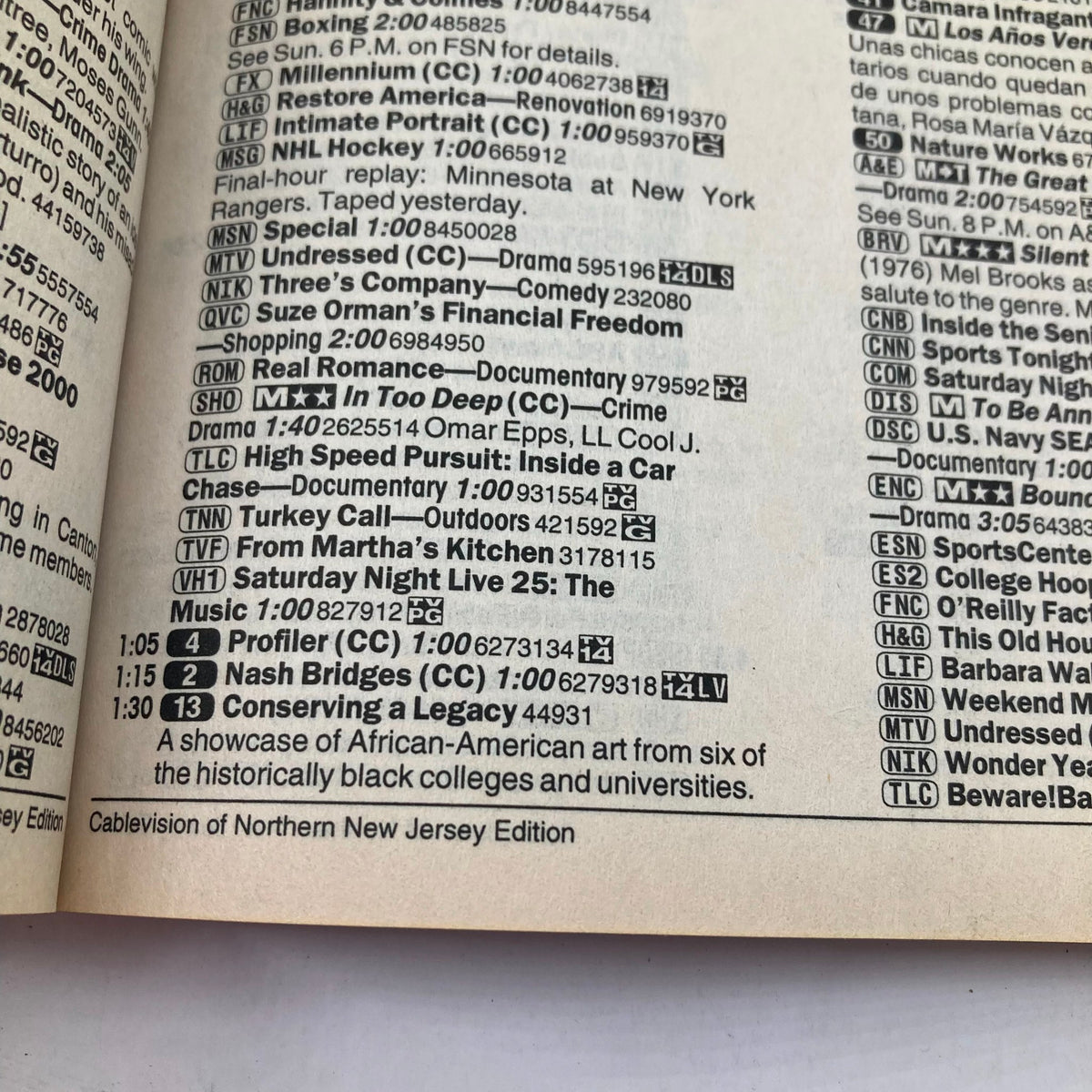 Interior page of TV Guide Magazine January 13 2001, Cablevision of Northern NJ Edition, listing TV show schedules including Profiler and Nash Bridges.