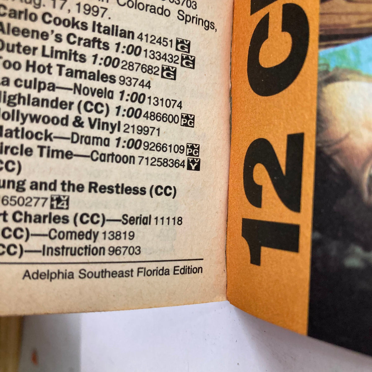 Inside page of TV Guide Magazine August 16 1997, featuring programming listings and notes, showing the Adelphia Southeast Florida Edition.