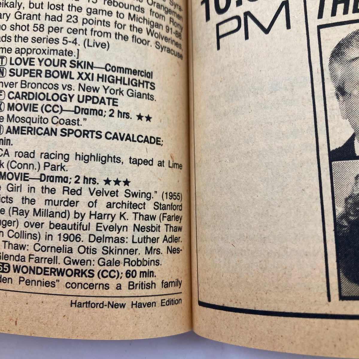 Inside page of TV Guide Magazine, January 30, 1988, displaying programming listings and featured shows for the Hartford-New Haven Edition.